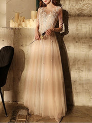 A-Line Sparkle Elegant Wedding Guest Engagement Dress Illusion Neck Short Sleeve Floor Length Tulle with Sequin Tassel Appliques