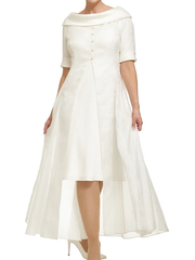 Sheath / Column Mother of the Bride Dress Elegant Cowl Neck Knee Length Chiffon Satin Half Sleeve with Buttons