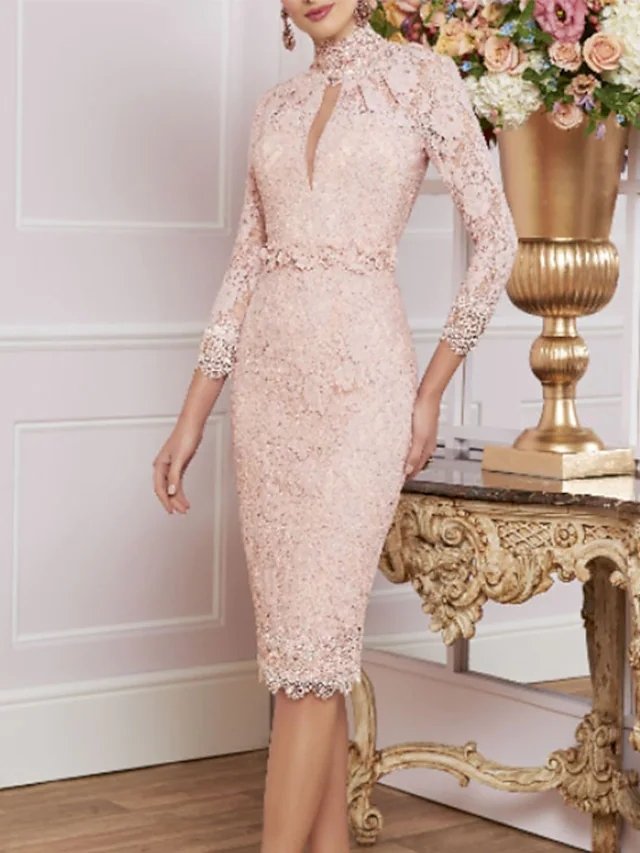 Sheath / Column Mother of the Bride Dress Plus Size High Neck Knee Length Lace 3/4 Length Sleeve with Appliques