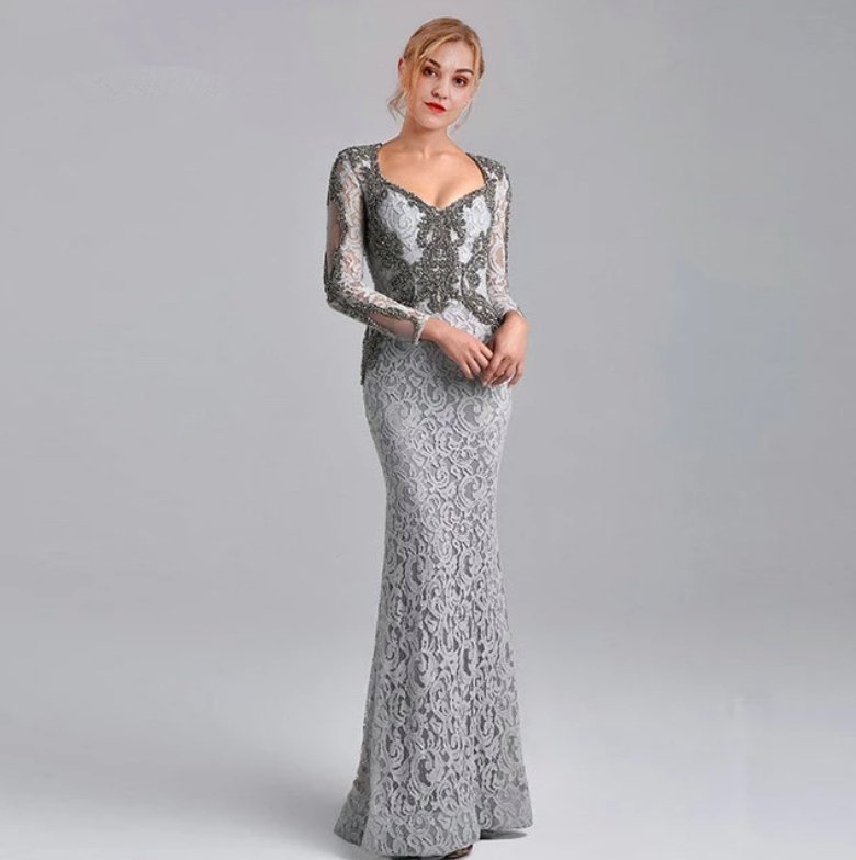 Gray Mother Of The Bride Dresses Mermaid V-neck Long Sleeves Lace Beaded Long Wedding Party Dress Mother Dress For Wedding