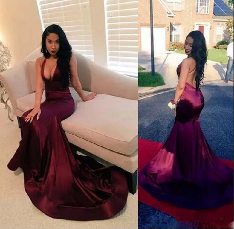 Burgundy Robe De Soiree Mermaid Deep V-neck Backless Sexy Long Women Party Prom Dresses Prom Gown Evening Dresses
