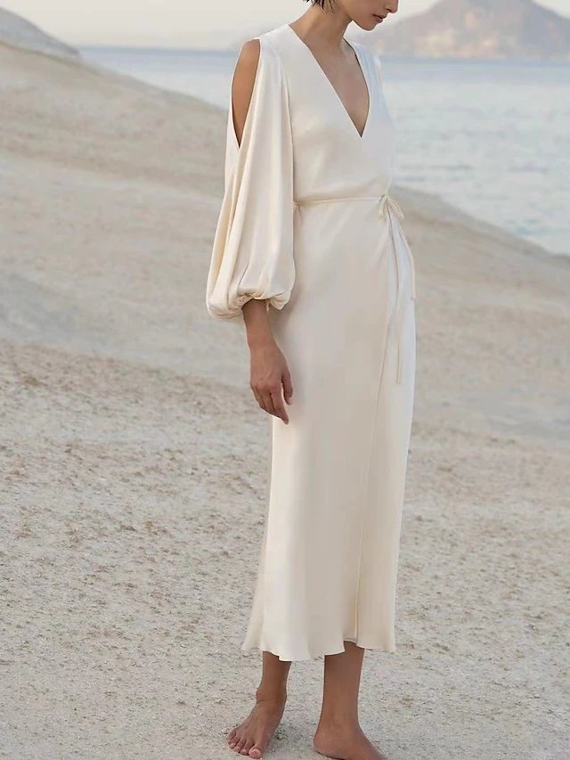 Sheath / Column Mother of the Bride Dress Simple Elegant V Neck Ankle Length Charmeuse 3/4 Length Sleeve with Bow(s)