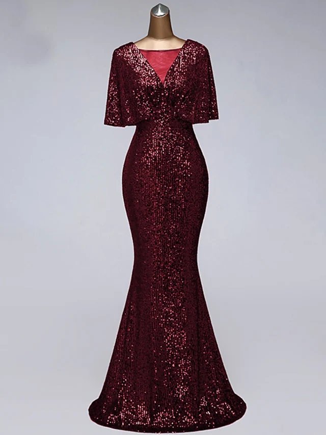 Mermaid / Trumpet Sparkle Elegant Prom Formal Evening Dress Illusion Neck Half Sleeve Floor Length Sequined with Sequin Ruffles