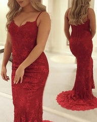 Red Lace Prom Dress Mermaid Spaghetti Straps