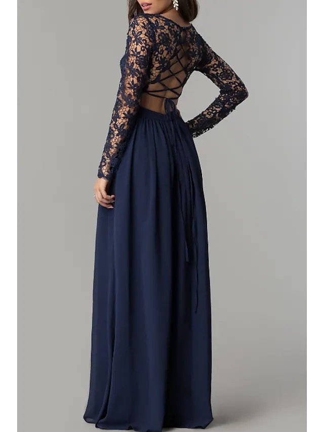 Sheath / Column Mother of the Bride Dress Elegant Jewel Neck Floor Length Chiffon Lace Long Sleeve with Appliques Ruching