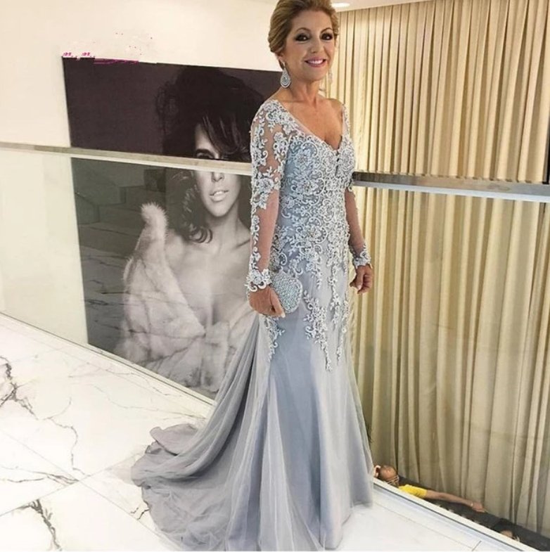 Silver Mother Of The Bride Dresses Mermaid Long Sleeves Lace Beaded Long Wedding Party Dresses Mother Dresses For Wedding