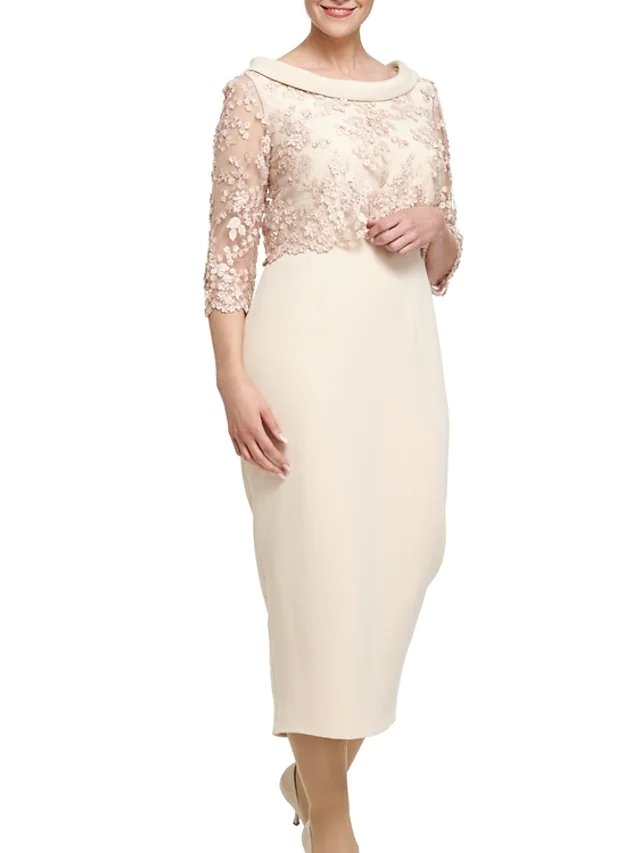 Sheath / Column Mother of the Bride Dress Elegant Jewel Neck Knee Length Lace Satin 3/4 Length Sleeve with Appliques
