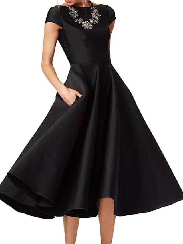 A-Line Mother of the Bride Dress Elegant Jewel Neck Tea Length Satin Short Sleeve with Ruching