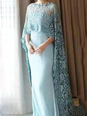 Sheath / Column Mother of the Bride Dress Elegant Jewel Neck Floor Length Chiffon Lace 3/4 Length Sleeve with Lace Appliques