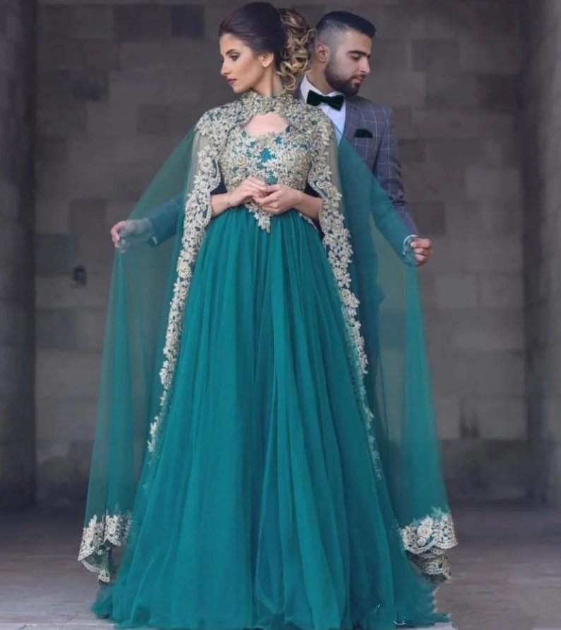 Green Muslim Evening Dresses A-line Tulle Appliques Lace Beaded Islamic Dubai Saudi Arabic Long Formal Evening Gown