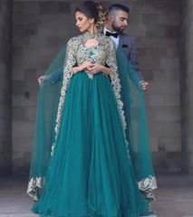 Green Muslim Evening Dresses A-line Tulle Appliques Lace Beaded Islamic Dubai Saudi Arabic Long Formal Evening Gown