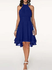 A-Line Flirty Empire Engagement Cocktail Party Dress Halter Neck Sleeveless Knee Length Chiffon with Sleek Tier