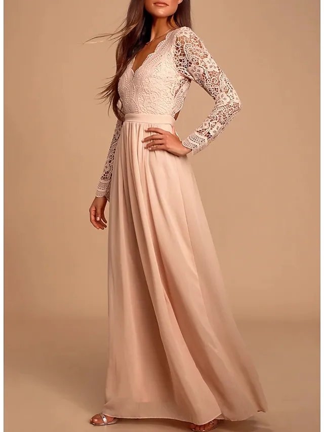 A-Line Plunging Neck Floor Length Chiffon / Lace Bridesmaid Dress with Lace / Pleats