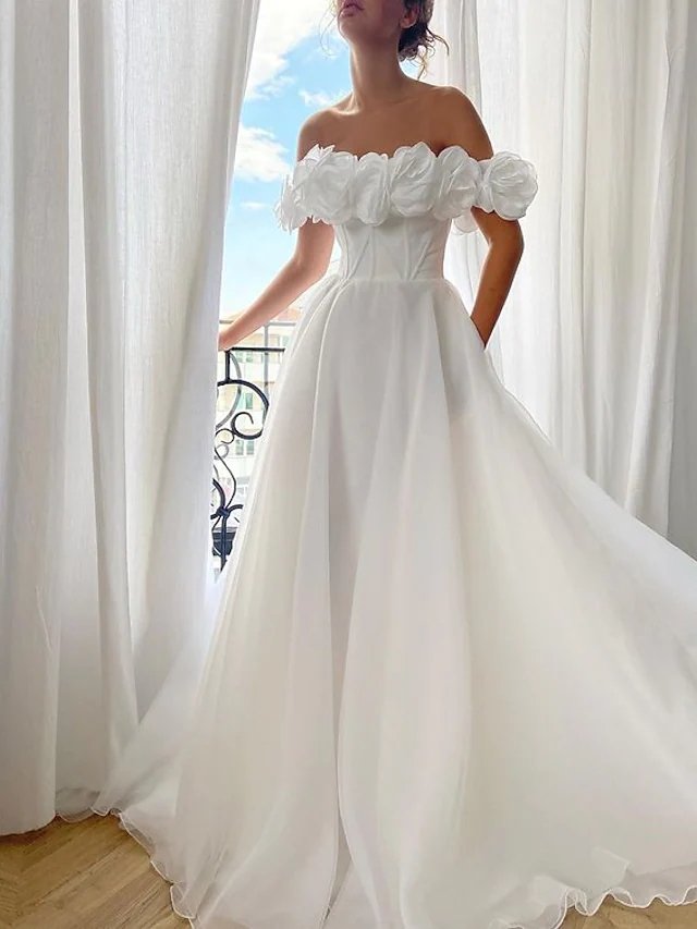 A-Line Elegant Floral Engagement Prom Dress Off Shoulder Sleeveless Sweep / Brush Train Organza with Sleek