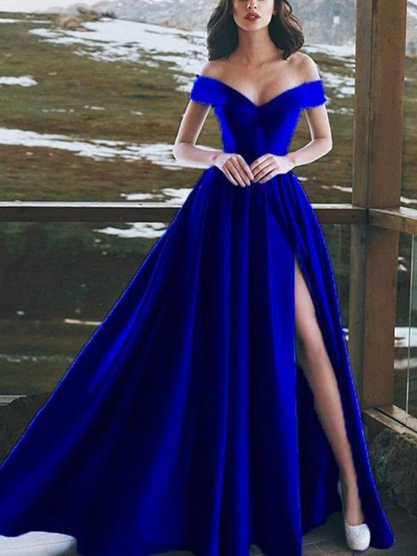A-Line/Princess Sleeveless Off-the-Shoulder Floor-Length Ruffles Satin Dresses