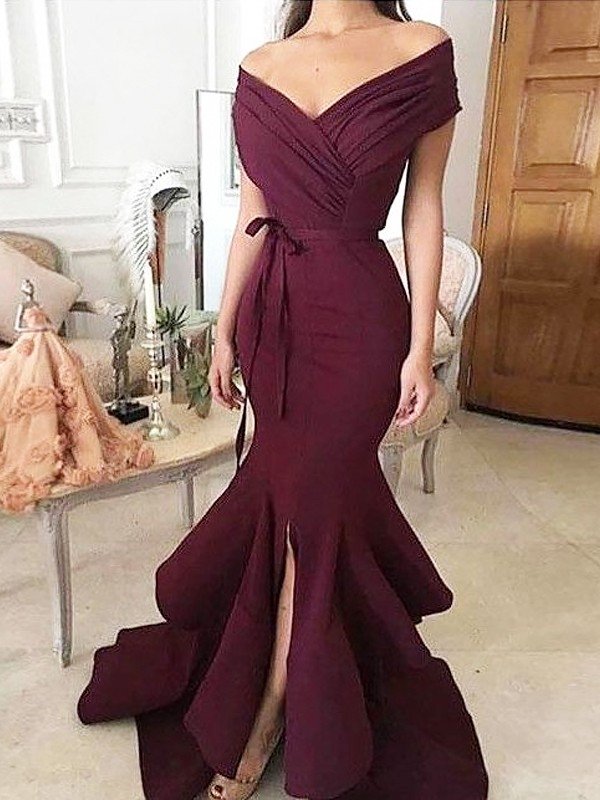 Trumpet/Mermaid Off-the-Shoulder Sleeveless Floor-Length Ruched Stretch Crepe Dresses