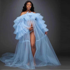 Sky Blue South African Prom Dresses A-line Off The Shoulder Tulle Slit Sexy Dubai Saudi Arabic Long Prom Gown Evening Dresses