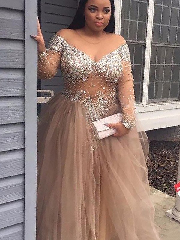 Ball Gown Off-the-Shoulder Long Sleeves Sequin Tulle Floor-Length Dresses