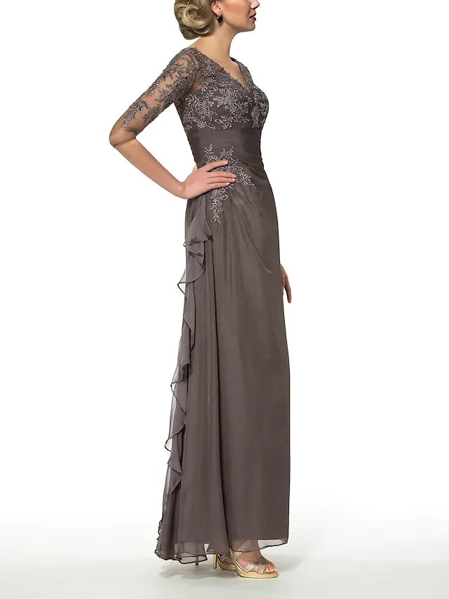 Sheath / Column Mother of the Bride Dress Elegant V Neck Floor Length Chiffon Lace Half Sleeve with Draping Appliques