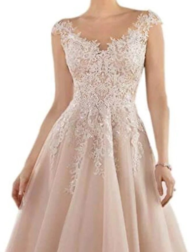 A-Line Mother of the Bride Dress Elegant V Neck Tea Length Lace Tulle Sleeveless with Pleats Appliques