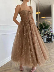 A-Line Elegant Prom Formal Evening Dress Spaghetti Strap Scoop Neck Sleeveless Ankle Length Lace with Pleats Ruched