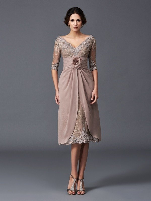 A-Line/Princess V-neck Hand-Made Flower 1/2 Sleeves Short Lace Mother of the Bride Dresses