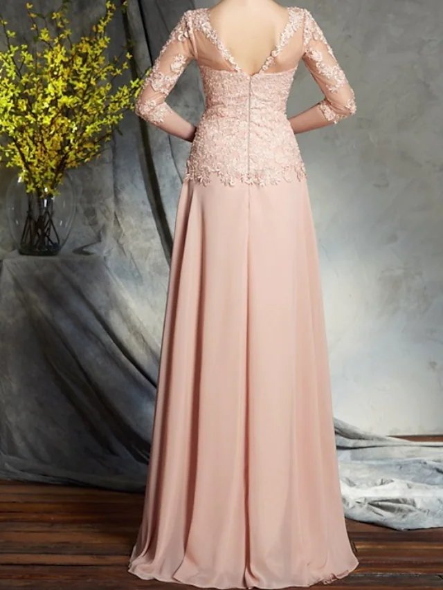 A-Line Mother of the Bride Dress Elegant Jewel Neck Floor Length Chiffon Lace Half Sleeve with Pleats Appliques