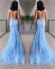 Light Blue Lace Mermaid Prom Dresses Open Back