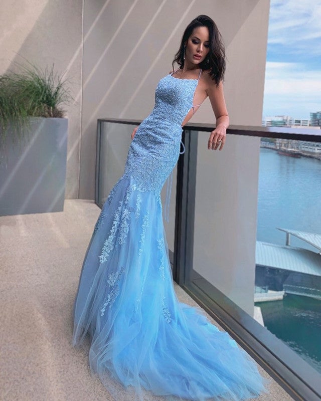 Light Blue Lace Mermaid Prom Dresses Open Back