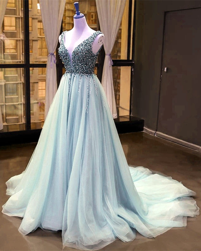Luxurious Pearl Beaded V Neck Tulle Prom Dresses Long