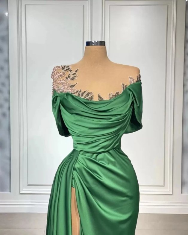 Green Evening Dresses Sheath Scoop Appliques Beaded Slit Long Turkey Dubai Saudi Arabic Evening Gown Prom Dresses