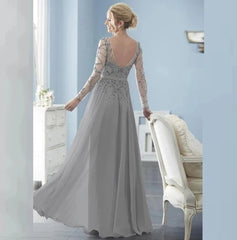 Silver Mother Of The Bride Dresses A-line Long Sleeves Chiffon Beaded Backless Plus Size Long Groom Mother Dresses Wedding