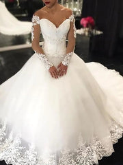Princess Ball Gown Wedding Dresses Off Shoulder Court Train Lace Tulle Long Sleeve Formal Romantic Luxurious with Pleats Appliques