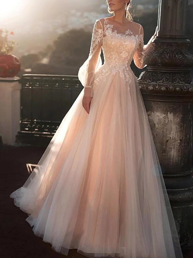 A-Line Wedding Dresses Jewel Neck Sweep / Brush Train Lace Tulle Long Sleeve Sexy Wedding Dress in Color See-Through with Embroidery Appliques