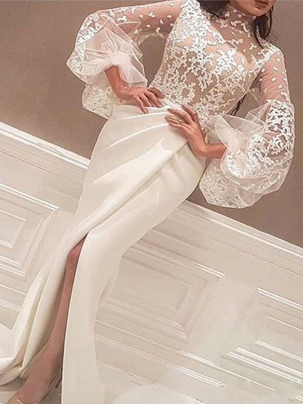 Trumpet/Mermaid Long Sleeves High Neck Sweep/Brush Train Lace Stretch Crepe Dresses