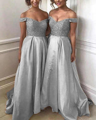 Off Shoulder Bridesmaid Dresses Satin Floor Length Sequin Beaded