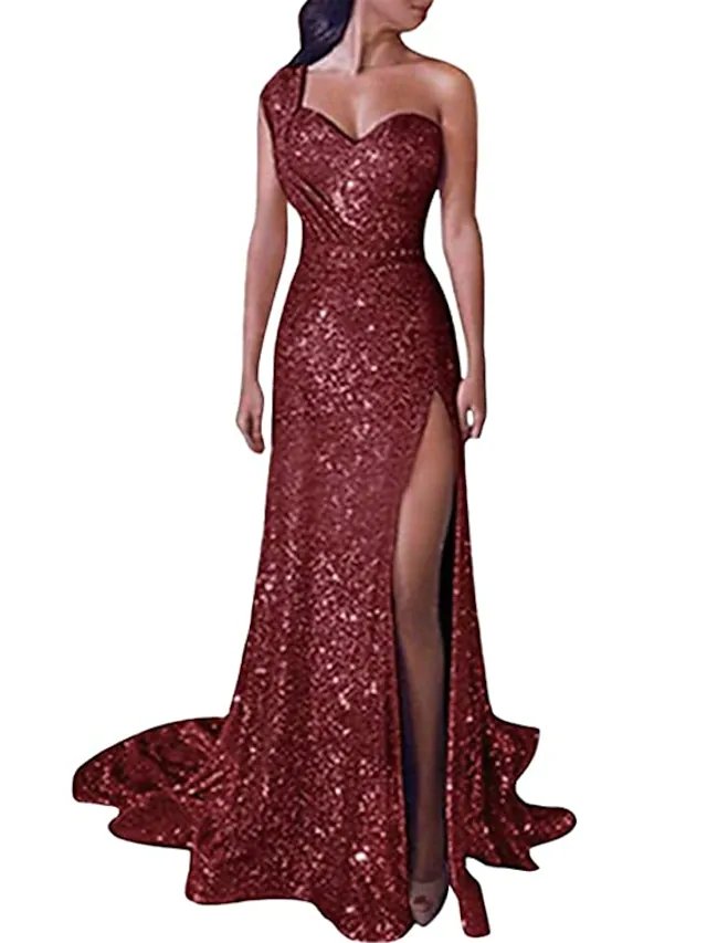 Mermaid / Trumpet Sparkle Sexy Engagement Formal Evening Dress One Shoulder Sleeveless Court Train Sequined with Sequin Split