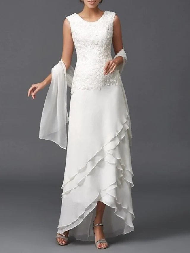 A-Line Mother of the Bride Dress Wrap Included Jewel Neck Floor Length Chiffon Sleeveless with Lace Tier