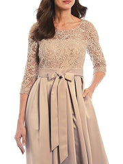 A-Line Mother of the Bride Dress Elegant Jewel Neck Asymmetrical Lace Satin 3/4 Length Sleeve with Bow(s) Pleats