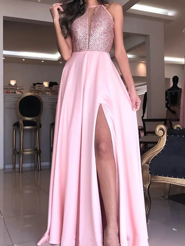 A-Line Glittering Sexy Wedding Guest Prom Dress Halter Neck Sleeveless Floor Length Charmeuse with Sequin Split
