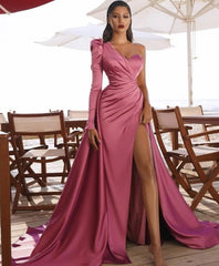 Sexy Prom Dresses A-line One-shoulder Long Sleeves Slit Dubai Saudi Arabic Long Robe De Soiree Prom Gown Evening Dresses