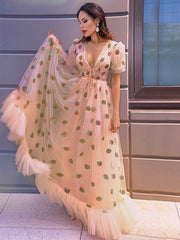 A-Line/Princess Tulle Ruffles V-neck Short Sleeves Floor-Length Dresses