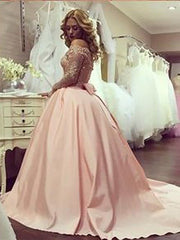 Ball Gown Long Sleeves Off-the-Shoulder Beading Satin Court Train Dresses