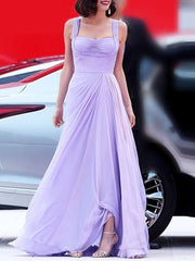 A-Line Celebrity Style Empire Engagement Prom Dress Square Neck Sleeveless Sweep / Brush Train Chiffon with Pleats