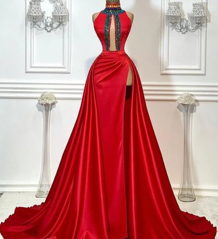 Red Robe De Soiree A-line High Collar Satin Crystals Slit Sexy Long Prom Dresses Prom Gown Evening Dresses