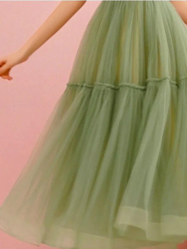 A-Line Spring Cocktail Party Prom Dress Spaghetti Strap Sleeveless Tea Length Satin Tulle with Pleats Ruched