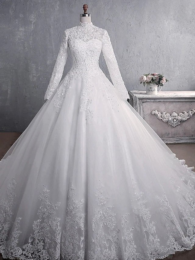 Princess A-Line Wedding Dresses High Neck Court Train Lace Tulle Long Sleeve Formal Romantic Luxurious with Appliques