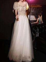 A-Line Luxurious Princess Engagement Prom Dress Off Shoulder Short Sleeve Floor Length Tulle with Appliques