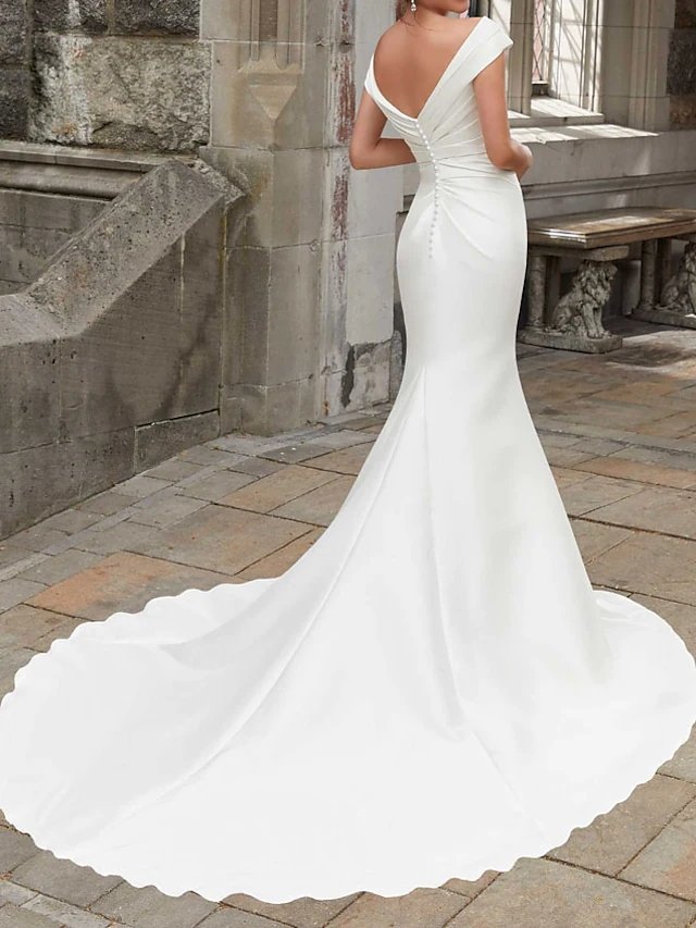 Mermaid / Trumpet Wedding Dresses Off Shoulder Sweep / Brush Train Polyester Cap Sleeve Country Plus Size with Ruched Draping