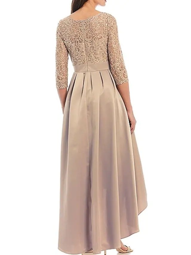 A-Line Mother of the Bride Dress Elegant Jewel Neck Asymmetrical Lace Satin 3/4 Length Sleeve with Bow(s) Pleats